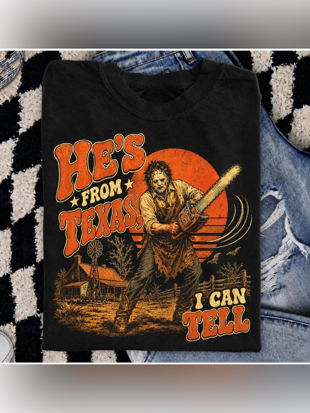 Black 'He's From Texas' Graphic Tee - Horror Chainsaw Design
